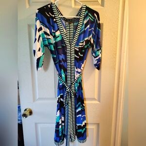 BCBG Blue and Black Patterned Dress size L